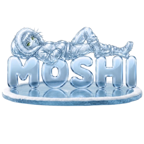 MoShi — frost envoy resting on a frozen MOSHI wordmark